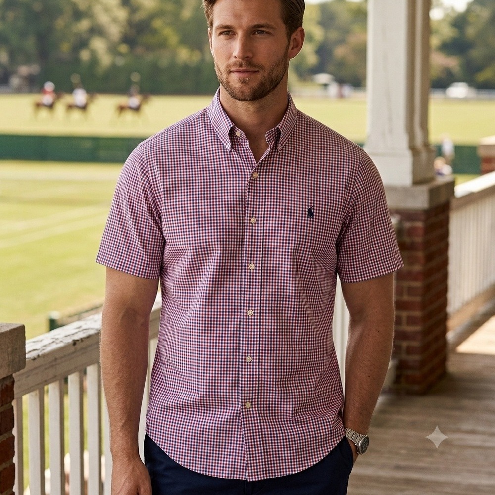 Polo Ralph Lauren Button Down Shirt Mens 2XLT Red Blue Gingham Short Sleeve Tall